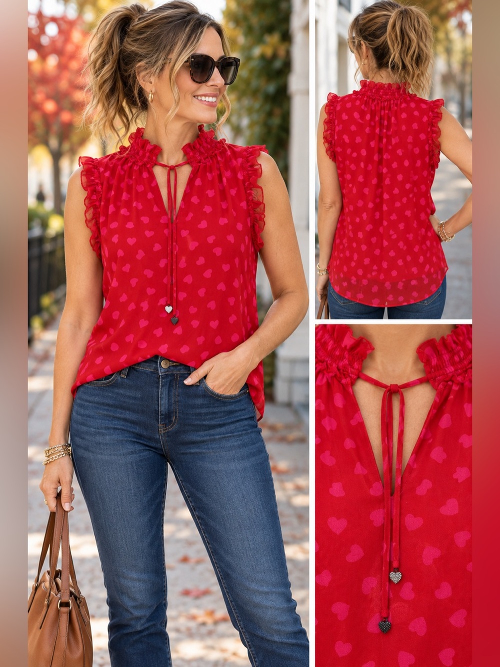 Kate Spade 100% Silk Heart Print Ruffle Blouse Red Pink L